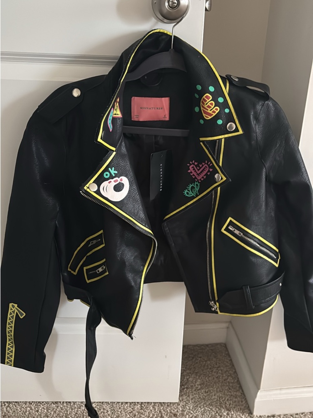 Signature Black Faux Leather Kids Moto Jacket with Neon Yellow Trim